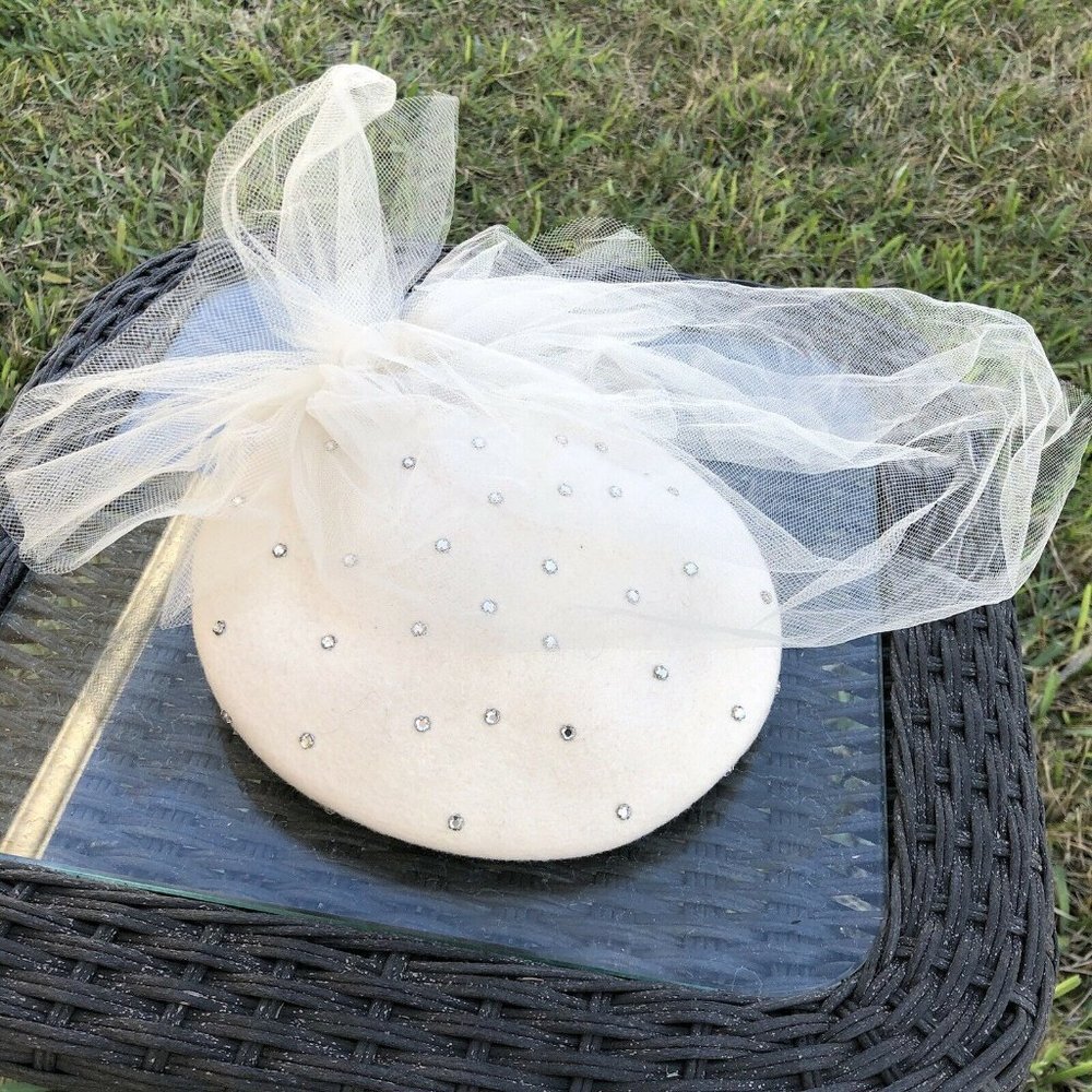 Vintage Cap-ette Hat Tulle Rhinestones Wool